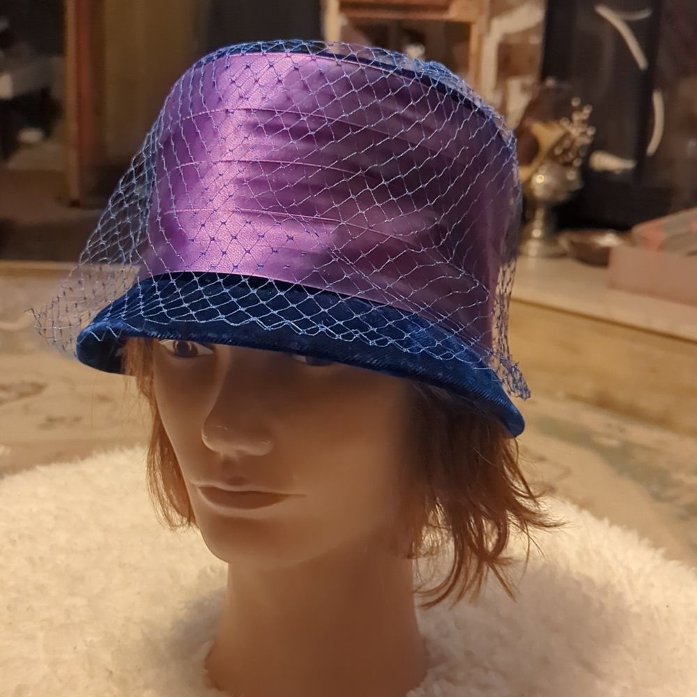 60s Flower Pot Hat Royal Blue Velour Netted Vintage 60s Millinery High Fashion
